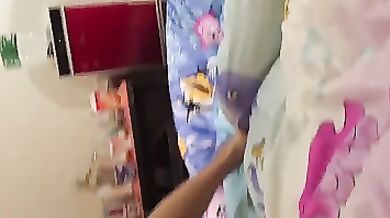 Chinese pregnant girl is lying on the bed and spreading her hairy pussy, like a real whore